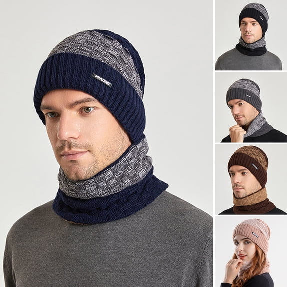 Naierhg Beanie 2 Pcs/Set Winter Cap Scarf Set Elastic Knitting Contrast Color Soft Thick Cold-proof Windproof Unisex Autumn Hat Scarf Set for Daily WearPink