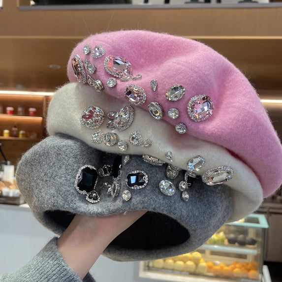 Naierhg Beanie French Beret Thick Rhinestone Decor Solid Color Brimless Thermal Decorative Wool Artist French Style Painter Hat Women HeadwearGrey