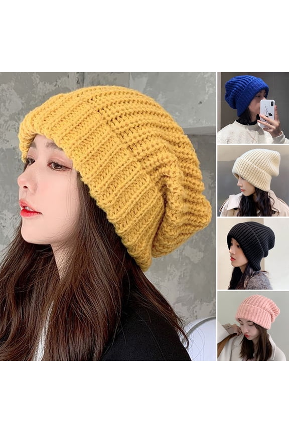 Beanie Knitted Hat Baggy Slouchy Ribbed Flanging Stretchy Keep Warm Solid Color Autumn Winter Women Men Beanie Cap for OutdoorGrey