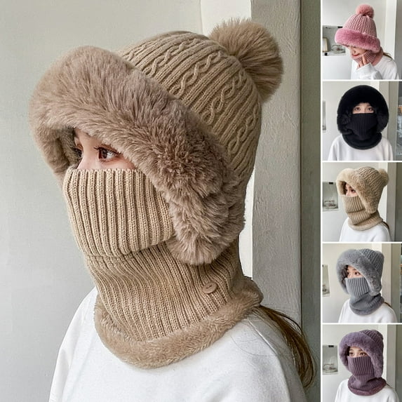 Naierhg Beanie Knitted Hat Multipurpose Pompom Plush Ears Protection Solid Color Autumn Winter Women Face Cover Neck Gaiter Warmer Beanie Cap for SkiBeige