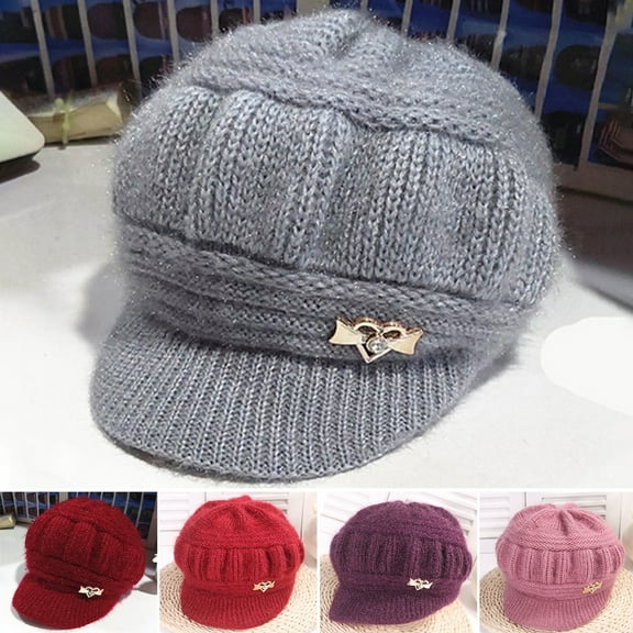 Naierhg Beanie Knitted Hat Peaked Love Heart Decor Thickened Plush Lining Keep Warm Solid Color Winter Thermal Middle-aged Women Cap for GiftPink