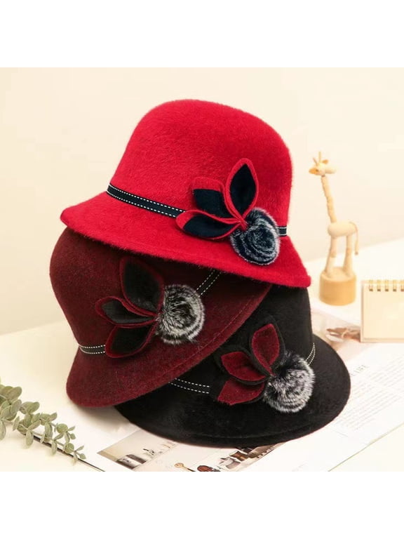 Beanie Lady Hat Elegant Wide Brim Keep Warm Solid Color Winter Autumn Ladies Dome Hat with Flower for Daily WearKhaki