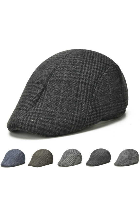 Beanie Men Beret Plaid Peaked Dome Short Brim Sweat Absorption Vintage Windproof Sun Painter Hat StreetwearBlack