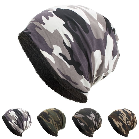 Naierhg Beanie Men Winter Hat Camouflage Print Fleece Baggy Elastic Soft Cold-proof Lightweight Breathable Color Matching Men Beanie for Daily WearWhite