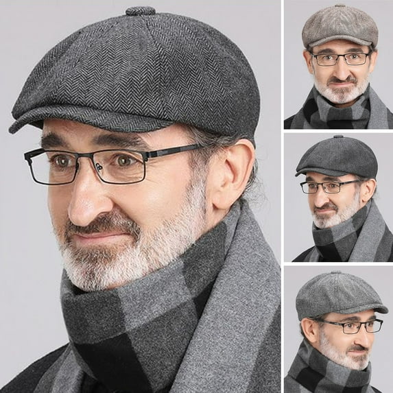 Naierhg Beanie Painter Hat All-match Retro Solid Color Portable Universal Everyday Wear Cotton Blend Herringbone Pattern Men Beret for WinterGrey