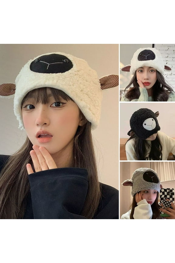 Beanie Plush Hat Cute Fuzzy Cozy Thickened Stretchy Keep Warm Soft Autumn Winter Sheep Lamb Ears Girls Cap for DailyBeige