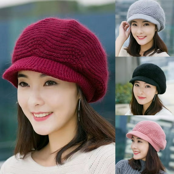 Naierhg Beanie Short Brim Round Dome Thickened Beret Hat Autumn Winter Women Solid Color Knitted Octagonal Hat Fashion AccessoriesGrey
