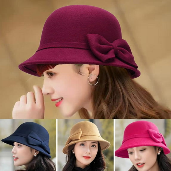 Naierhg Beanie Solid Color Wide Brim Round Dome Sunscreen Windproof Woolen Hat Women Autumn Winter Elegant Bowknot Decor Felt Fedora Hat Daily WearWine Red