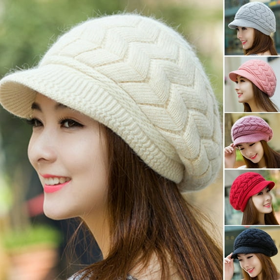 Naierhg Beanie Visor Beret Cap Peaked Slouchy Plush Lining Stretchy Plain Ears Protection Solid Color Autumn Winter Women Knitted Hat for OutdoorPink