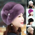 thumbnail image 1 of Naierhg Beanie Winter Hat Russian Faux Rabbit Fur Flower Decor Thickened Luxury Keep Warm Solid Color Autumn Winter Thermal Middle-aged Women Cap for OutdoorPurple, 1 of 8