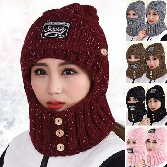 Naierhg Beanie Winter Women Hat Letter Labeling Ears Protection Solid Color Stretch Plush Ball Buttons Decoration Scarf Beanie Hat Daily WearBlack