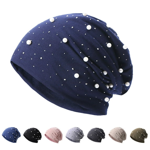 Naierhg Beanie Women Beanie Hat Faux Pearl Decor Elastic Knitted Headgear Solid Color Keep Warm No Brim Casual Women Winter Bonnet Women HeadwearBlue