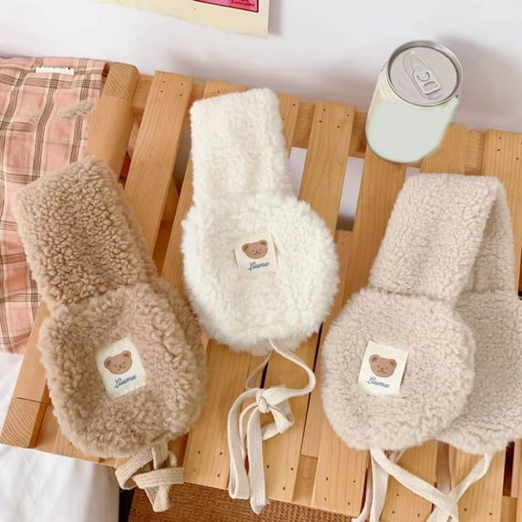 Naierhg Beanie Women Earmuff Plush Cute Bear Solid Color Lace Up String Ear Protection Keep Warm Adjustable Cycling Ear Cover Outdoor Ear CoverCoffee