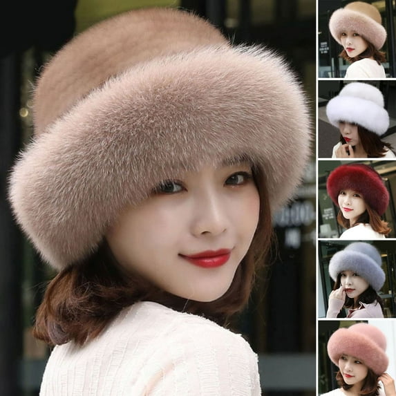 Naierhg Beanie Women Hat Solid Color Fluffy Thickened Ear Protection Dome Winter Coldproof Elegant Russian Hat Faux Fur Headband StreetwearKhaki