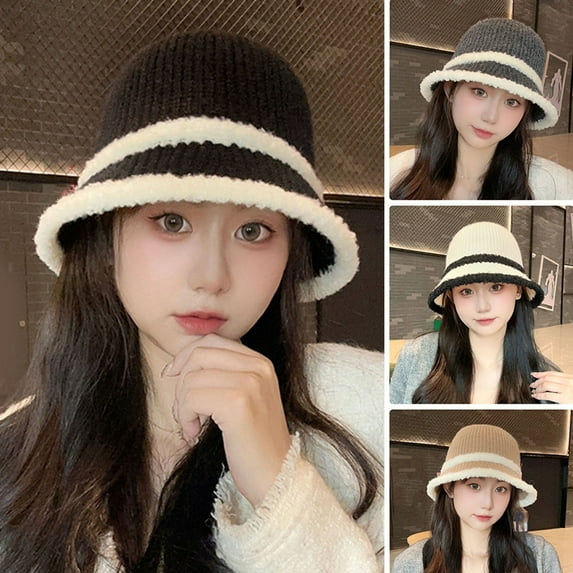 Naierhg Beanie Women Hat Windproof Foldable Autumn Winter Warm Bucket Hat Color Splicing Knitted Fisherman Hat for OutdoorBeige