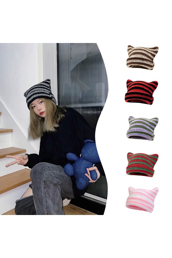 Beanie Women Knitted Hat Kitty Ears Striped Contrast Color High Elasticity Anti-slip Soft Thick Warm Windproof Unisex No Brim Winter Beanie CapPink White