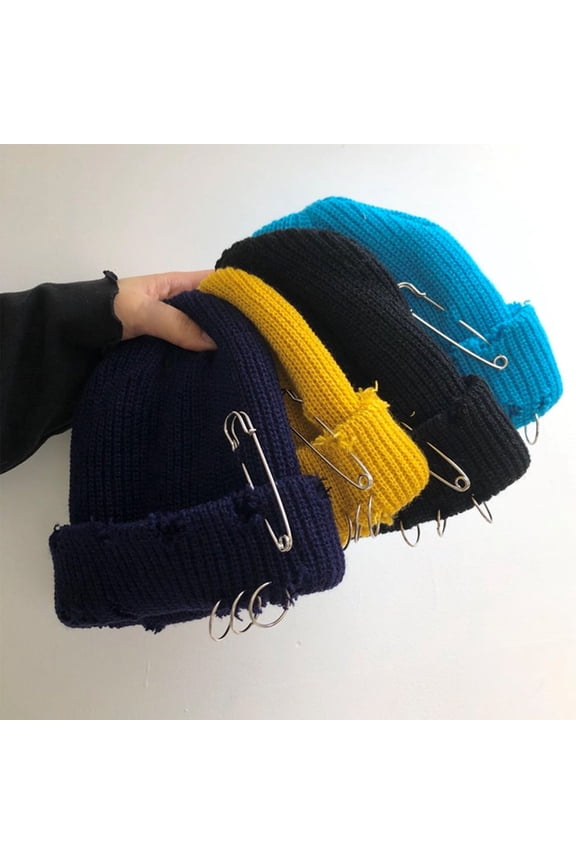 Beanie Women Men Bonnet Stretch Brimless Solid Color Knitted Unisex Keep Warm Metal Ring Decor Hip Hop Ripped Men Winter Hat for Daily WearYellow