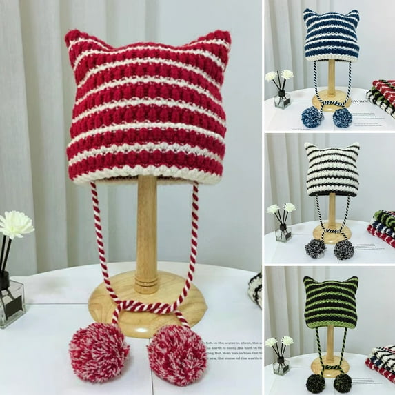 Naierhg Beanie Women Winter Hat Knitted Striped Contrast Color Plush Ball Cat Ears Keep Warm String Soft Headwear Lady Beanie Skiing HatBlack White