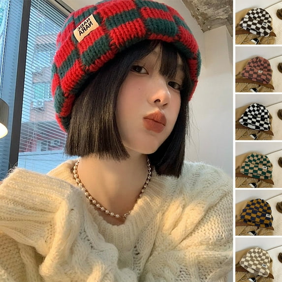 Naierhg Beanie Women Winter Hat Knitting Contrast Color Thick Elastic No Brim Cold-proof Plaid Chessboard Women Hat Clothes AccessoryGrey