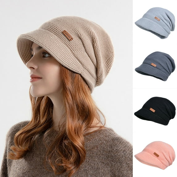 Naierhg Beanie Women Winter Hat Wide Short Brim Elastic Solid Color Soft Warm Thick Plush Cold Resistant Anti-slip Winter Outdoor Knitted CapBlack