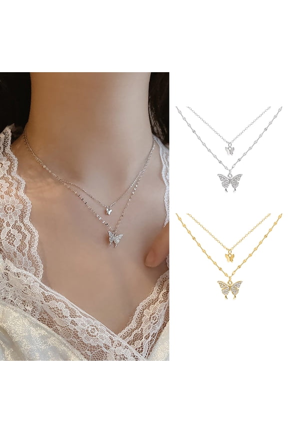 Butterfly Necklace Double Layer Rust-proof Alloy Butterfly pendant Personality Clavicle Chain for Women