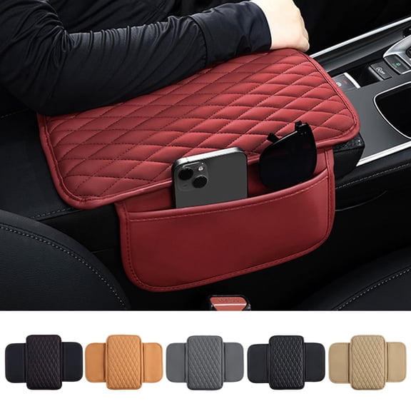 Naierhg Car Armrest Mat Leather Armrest Cover Cushion with Side Storage Pockets Car Center Console Cover Car Interior Accessory for Car Truck RV SUV