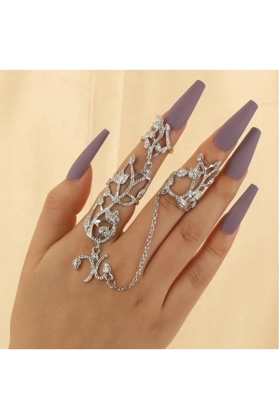 Chain Link Ring Anti-allergy Anti-oxidation Jewelry Full Rhinestone Retro Flower Link Ring for Gift