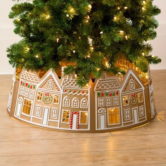 Naierhg Christmas Tree Collar Gingerbread House Tree Skirt Collar with LED Lights Xmas Tree Base Cover for Holiday Home Decor