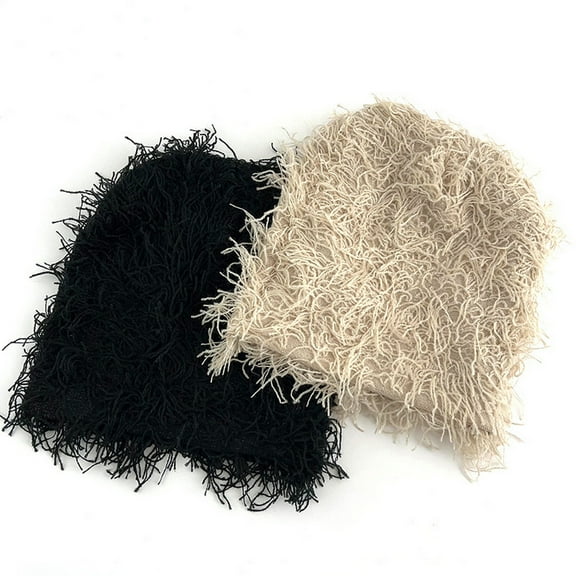 Naierhg Couple Winter Hat Solid Color Fuzzy Ripped Knitted Elastic Anti-slip Warm Soft Head Protection Hip Hop Unisex Beanie Skullies Cap Winter Headgear for Winter Black