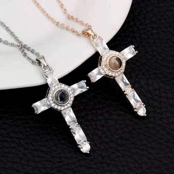 Naierhg Cross Necklace Shiny Novelty Design Alloy Cross 100 Languages I Love You Projection Necklaces for Daily Dress