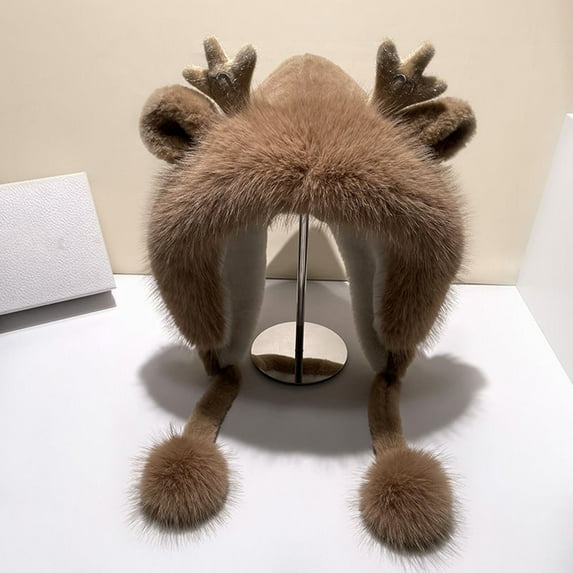 Naierhg Cute Furry Trim Antler Ears Decor Women Winter Hat Thickened Plush Warm Ear Woolen Hat Fashion Accessories for Winter Grey