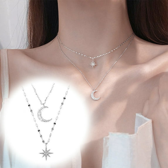 Naierhg Double Layer Necklace for Women Twinkle Star Moon Choker Necklace Faux Diamond Pendant Rhinestone Clavicle Chain Jewelry Accessories