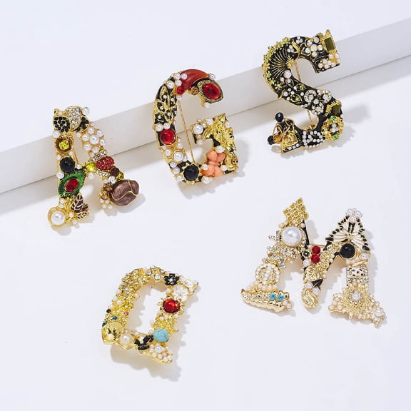 Naierhg Enamel Brooch Pin Muti-Color Letter Shape Women Rhinestone Faux Pearl Brooch Pin for Party