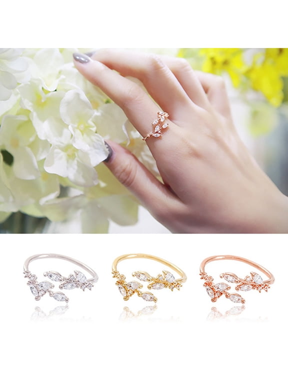 Fashion Women Adjustable Open Ring Rhinestone Inlaid Leaves Party Club Jewelry Rose Gold