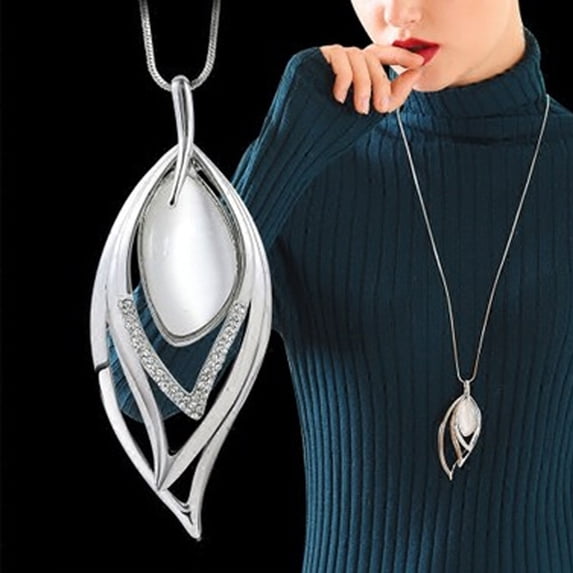 Naierhg Fashion Women Opal Leaf Long Chain Hollow Wedding Party Sweater Necklace Silver