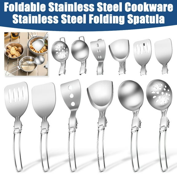 Naierhg Foldable Stainless Steel Cookware Set with Locking Handle Portable Camping Spatula Spoon Shovel for Traveling Cooking Hiking BBQ Picnic Tableware
