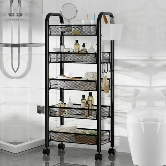 Naierhg Fruit Vegetable Storage Basket, 5 Tier Stackable Metal Mesh Storage Basket with 360 Degree Wheels, Fruit Vegetable Produce Basket Storage Organizer for Kitchen, Pantry 5-Layers White