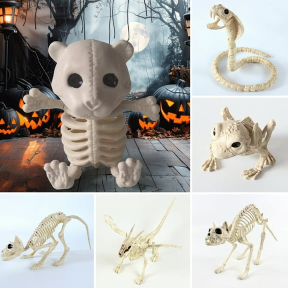 Naierhg Halloween Decoration Mini Skeleton Bone Statues Poseable Rat Dog Spider Cat Owl Skeleton Figurine for Haunted House Party Decor