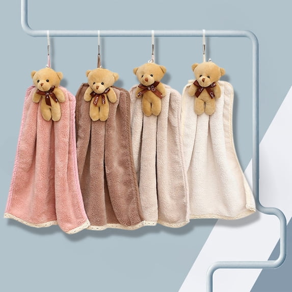 Naierhg Hand Towel with Lanyard Cartoon Soft Microfiber Cute Bear Design Kitchen Hanging Wipe Hand Towel Cloth Daily Use Khaki