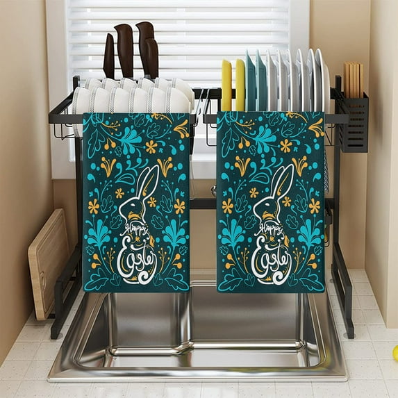 Naierhg Kitchen Towel Soft Water Absorption Microfiber Easter Rabbit Pattern Dish Cleaning Cloth Daily Use K