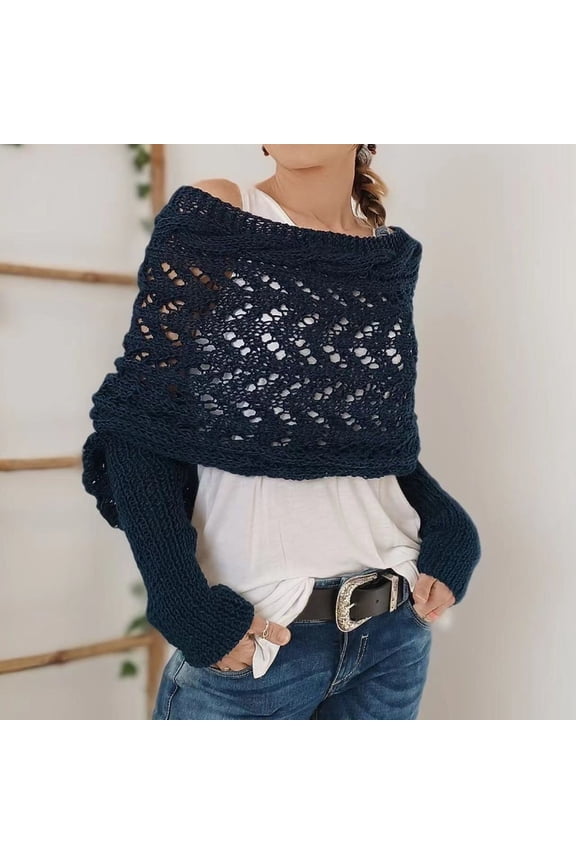 Knitted Cable Wrap with Sleeves Solid Color Hollow Twist Crochet Pattern Women Shawl Scarf Bohemian Style Sweater Scarf Jujube Red