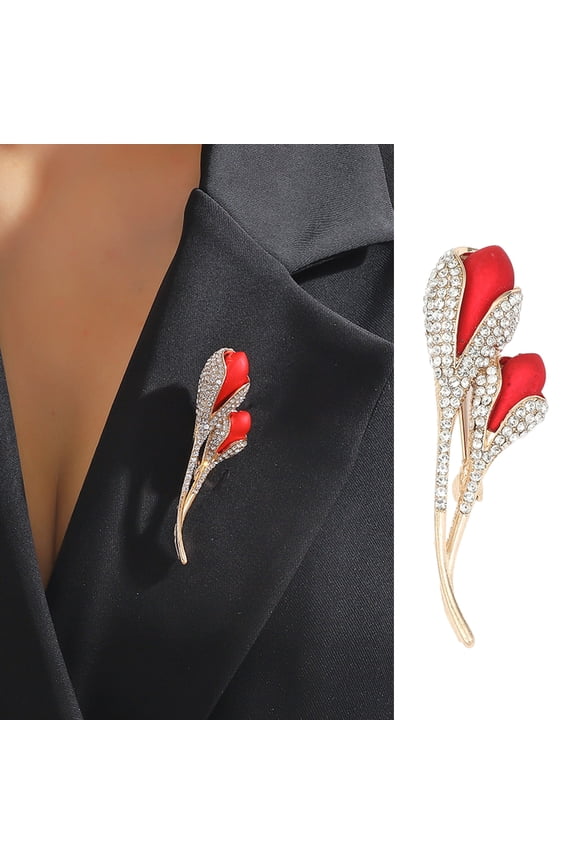 Lady Lapel Brooch Red Tulip Shape Rhinestone Decor Suit Coat Collar Formal Occasion Commute Office Clothes Pin Party Prom Jewelry
