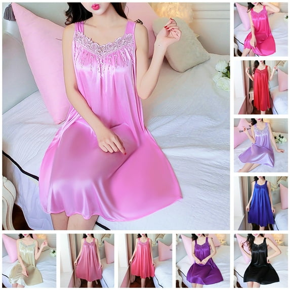 Naierhg Lady Pajamas Solid Color Smooth Lace Patchwork Night Dress for Wedding Night