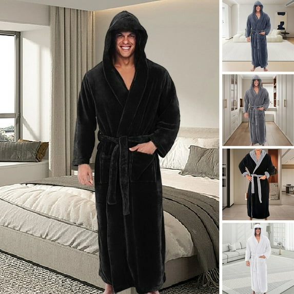 Naierhg Men Hooded Bathrobe with Adjustable Belt Super Soft Fluffy Highly Absorbent Solid Color Pocket Design Male Bathrobe