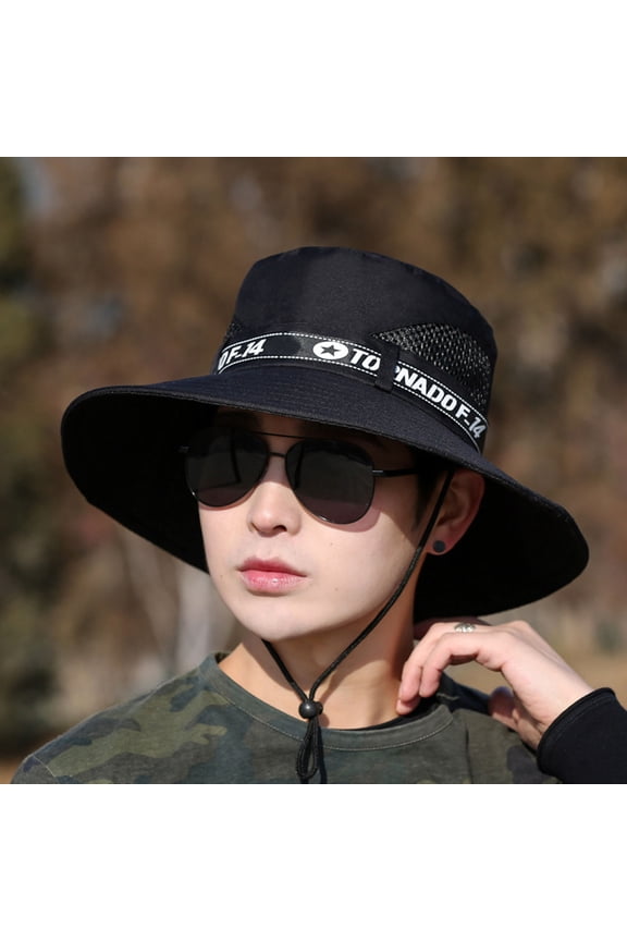 Men Outdoor Hat Sunscreen Wide Brim Flat Top Round Letter Print Anti-UV Windproof Strap Hollow Out Men Fisherman Hat Headwear Black