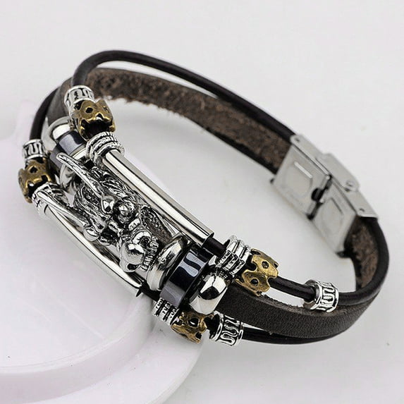 Naierhg Men's Vintage Punk Faux Leather Bracelet Dragon Head Charm Multilayer Bangle