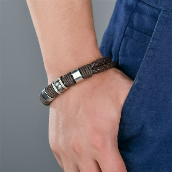 Naierhg Mens Dual Layer Braided Faux Leather Magnetic Clasp Wrist Bracelet Gift