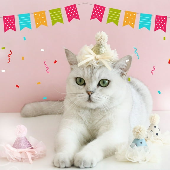 Naierhg Pet Cat Hat Bow-knot Design Vibrant Color Friendly to Skin Ultra-Light Lace Trim Dress Up Polyester Sparkling Pet Cat Sequin Hat Photography Prop Pet Supplies Golden