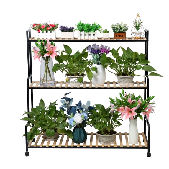 Naierhg Rustic Plant Stand with Wheels, Rolling Plant Shelf Indoor Outdoor, Metal Plant Rack with Solid Wood for Multiple Plants, 3 Tier Ladder Plant Flower Shelf for Garden, Living Room, Brown Black