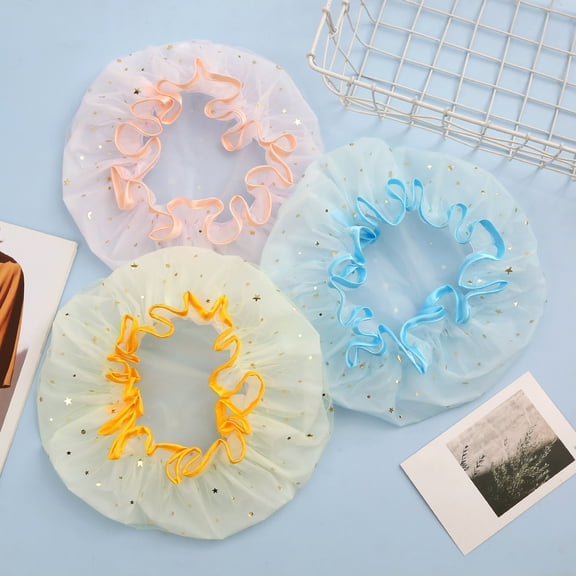 Naierhg Shower Bonnet with Elastic Band Double Layer Waterproof Star Pattern Printed Hat Hair Protection Reusable Women Girl Bathing Hat Hair Wrap Caps Bathroom Accessories Pink